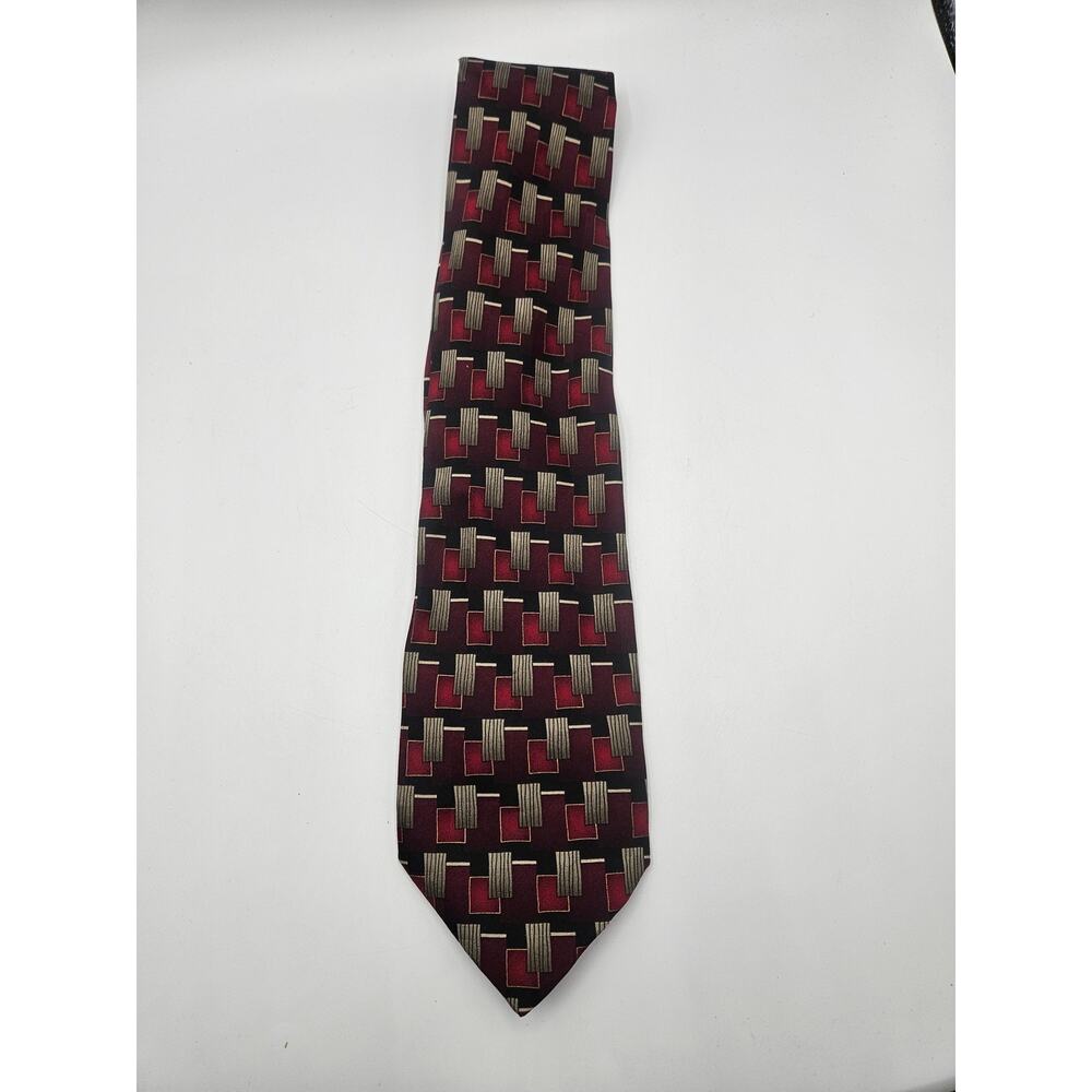 Fenzia Men's 100% Silk‎ Handmade Tie Red Gold Square Rectangle Pattern 60"